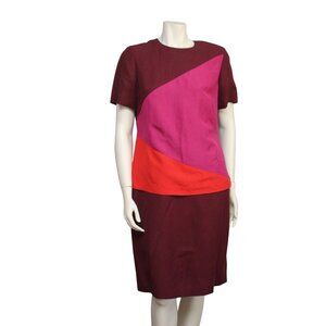 Vintage 90s Liz Claiborne Red Pink Colorblock Linen Rayon Shift Dress Size 12